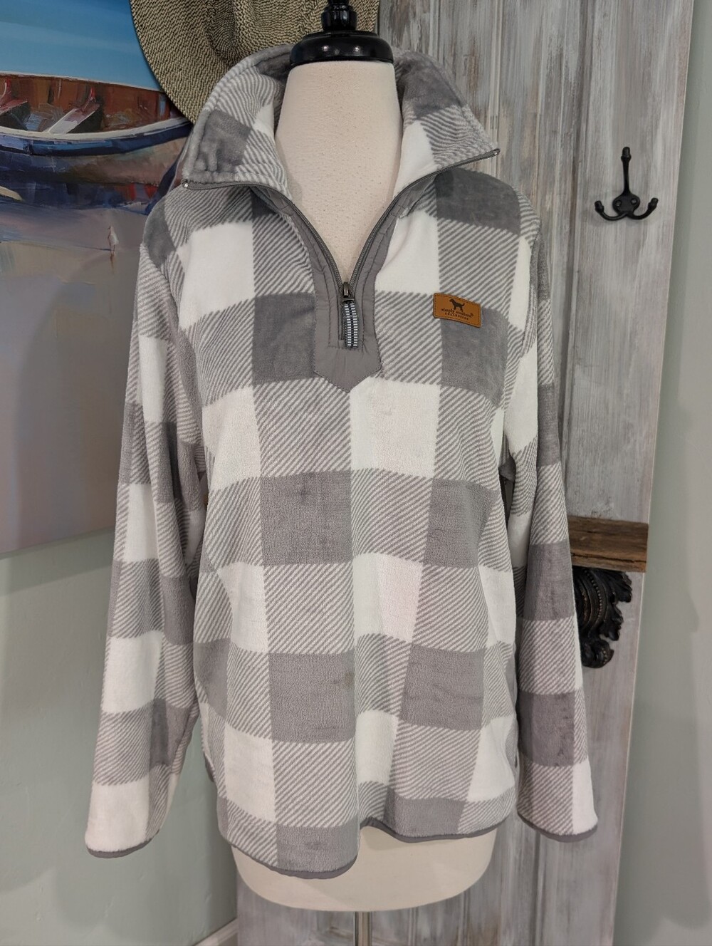 Simply Southern Collection Gray and White Buffalo Plaid Half-Zip Pullover